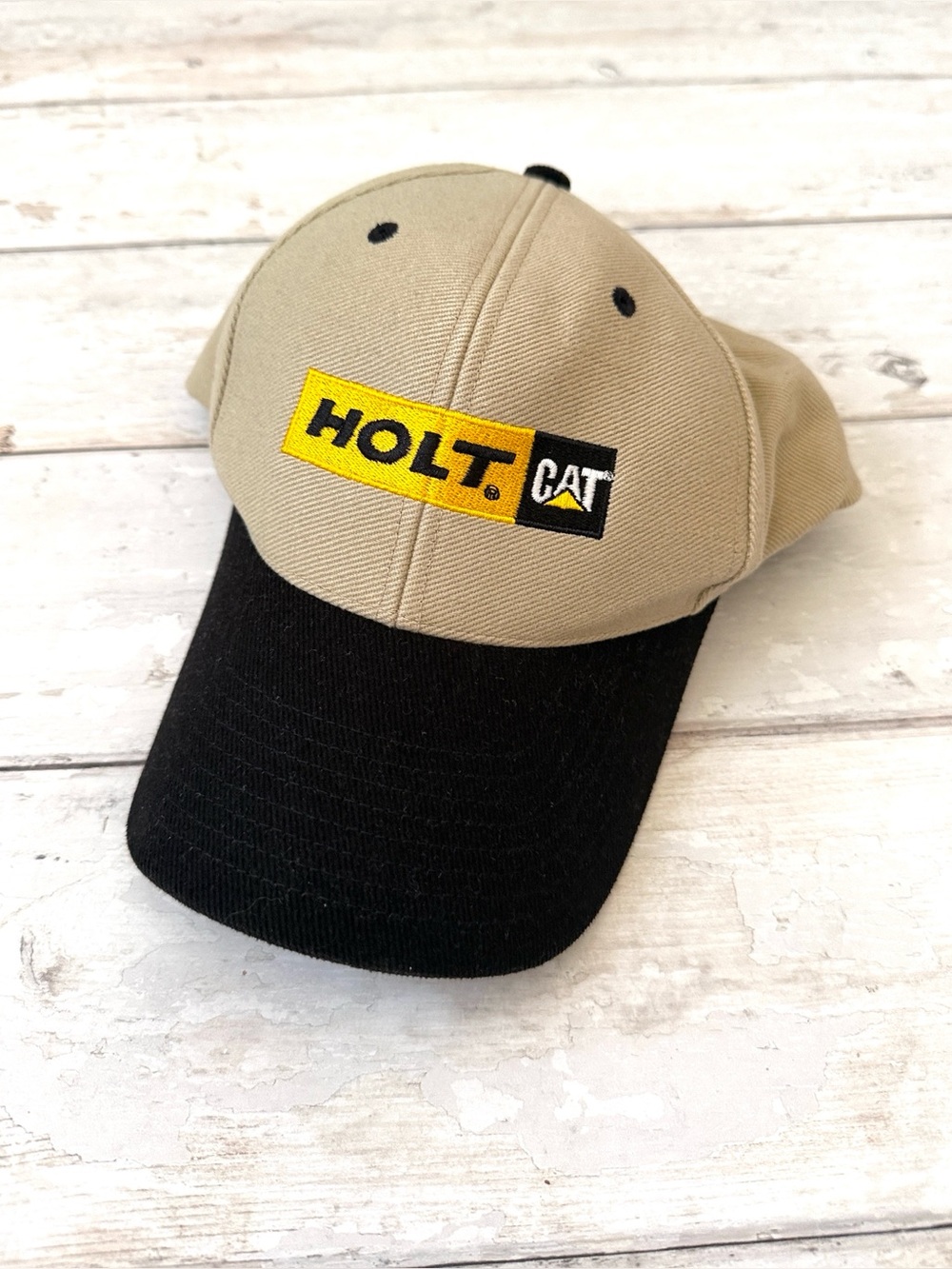 Holt Cat Construction Baseball Cap Black Beige Tan Adjustable Size Brand NEW